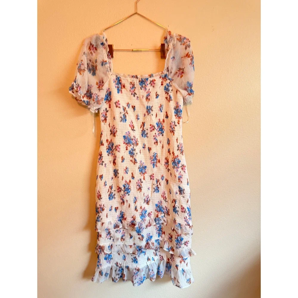 Abercrombie & Fitch Dress Womens Large White Floral Smocked Puff Sleeve Ruffle - Picture 7 of 7